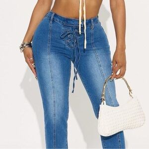 Fashion Nova Bossa Nova Lace Up Capri Denim Jeans - Medium Wash size 20 plus